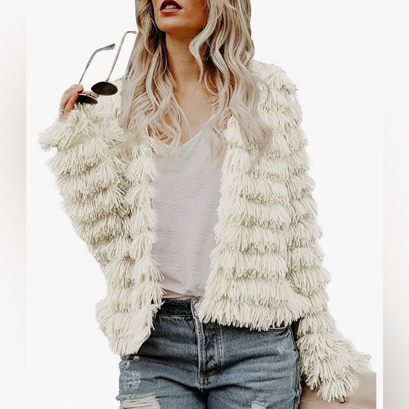 Amazon | Open Front Faux Fur Shaggy Jacket | White | Small - Picture 1 of 4